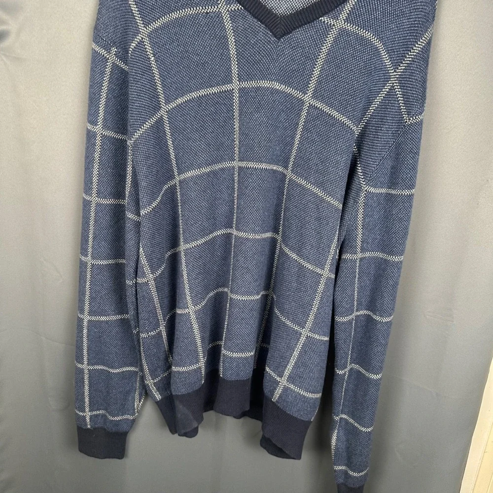 Brooks Brothers 346 Mens XL Blue Windowpane Cotton Cashmere V-Neck Sweater